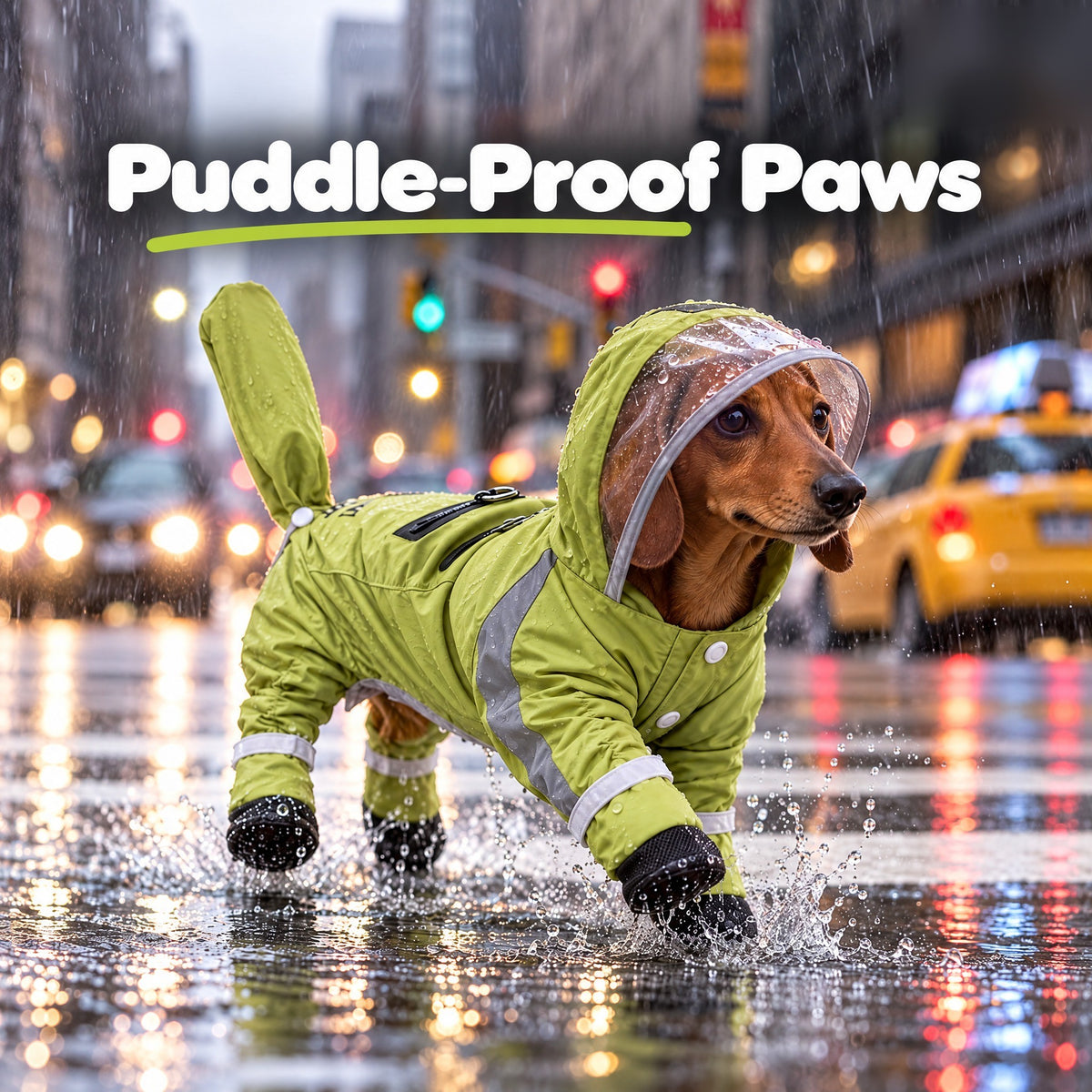 Solis Rainpup — dachshund splashing through a puddle in the olive green dog rain suit with booties