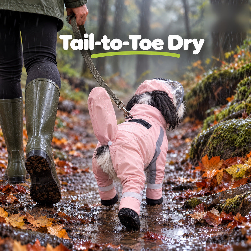 Solis Rainpup — small dog in the blush pink raincoat on an autumn walk in the rain