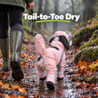 Solis Rainpup — small dog in the blush pink raincoat on an autumn walk in the rain