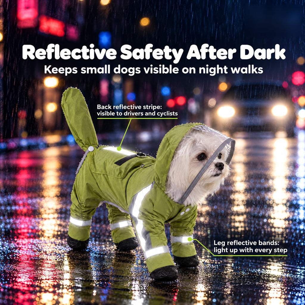 Solis Rainpup — reflective back stripe and leg bands on a night walk