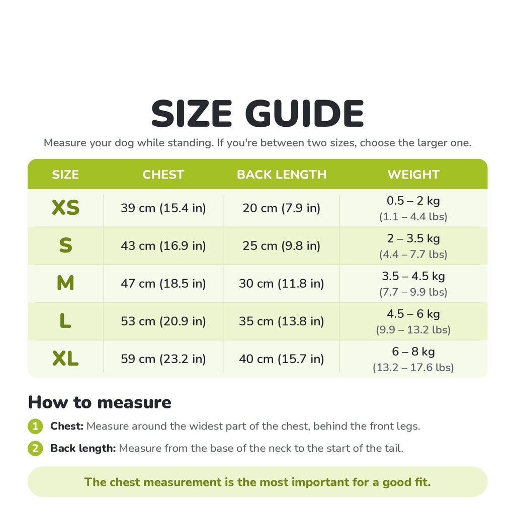 Solis Rainpup — size table: chest, back length and weight, XS to XL