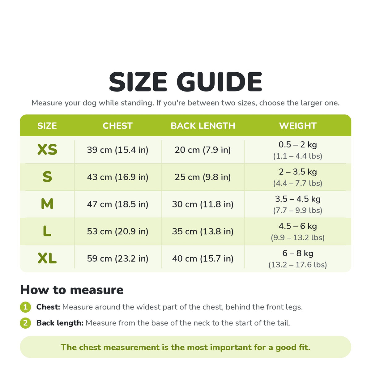Solis Rainpup — size table: chest, back length and weight, XS to XL