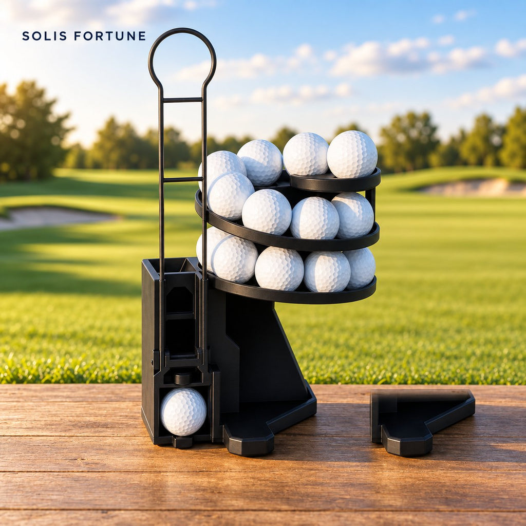 Solis Reload Golf Ball Dispenser in black on a wooden board, loaded with golf balls