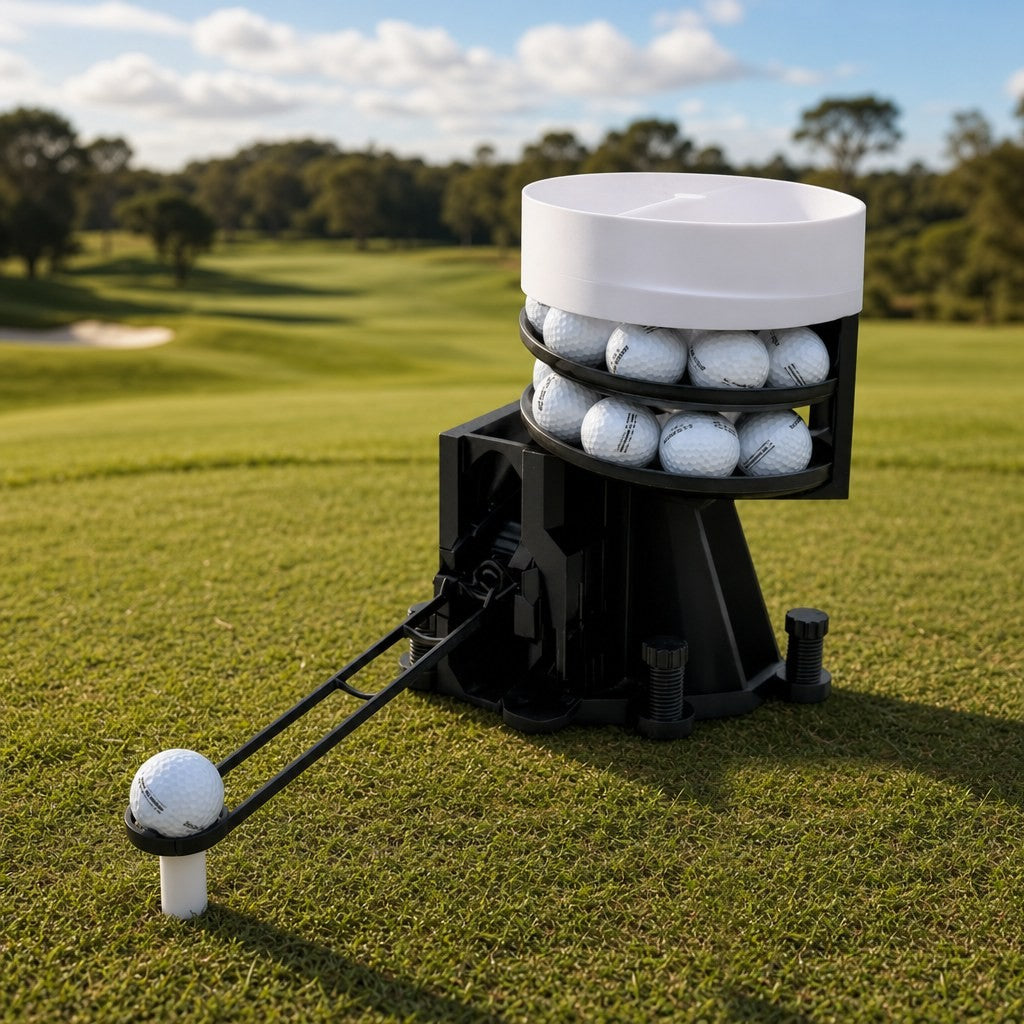 Solis Reload Golf Ball Dispenser in black with the funnel on top and a ball on the tee