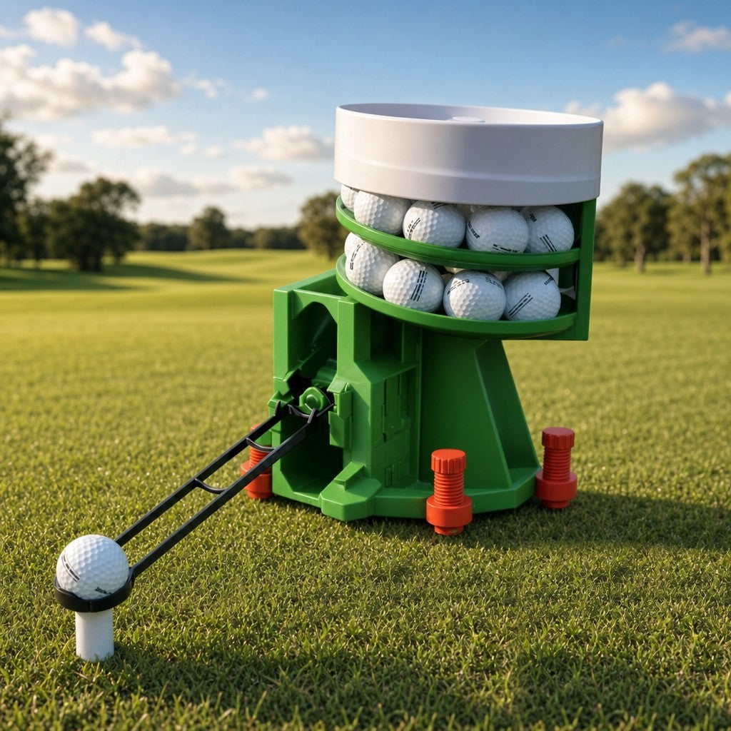 Solis Reload Golf Ball Dispenser in green with the funnel and red height risers