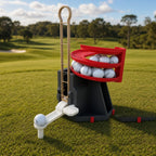 Solis Reload Golf Ball Dispenser in black and red with a ball on the tee