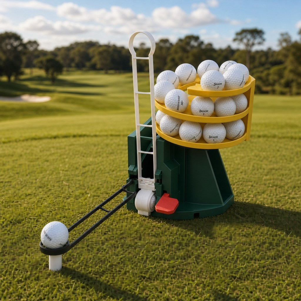 Solis Reload Golf Ball Dispenser in green and yellow loaded with balls