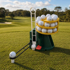 Solis Reload Golf Ball Dispenser in green and yellow loaded with balls