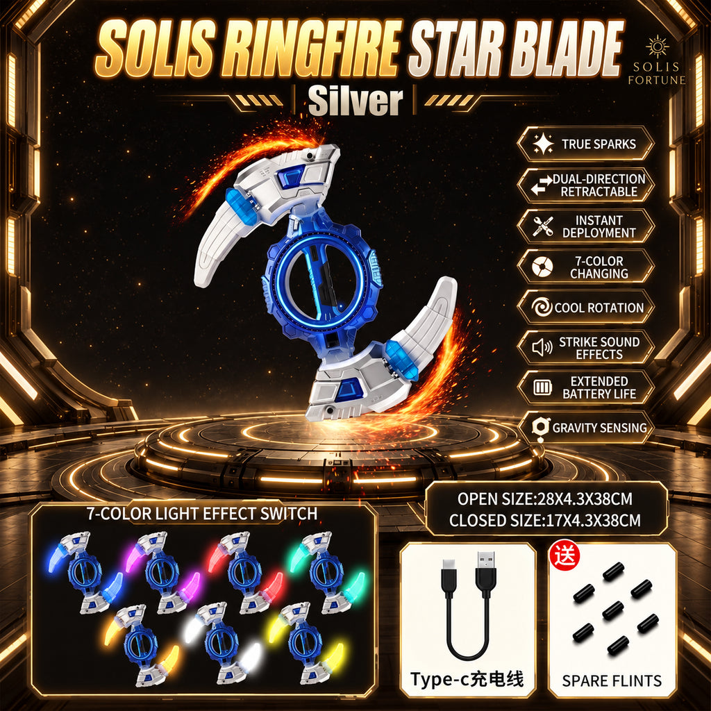Solis Ringfire — Blue and Silver: ring blade with sparks, cable and spare flints