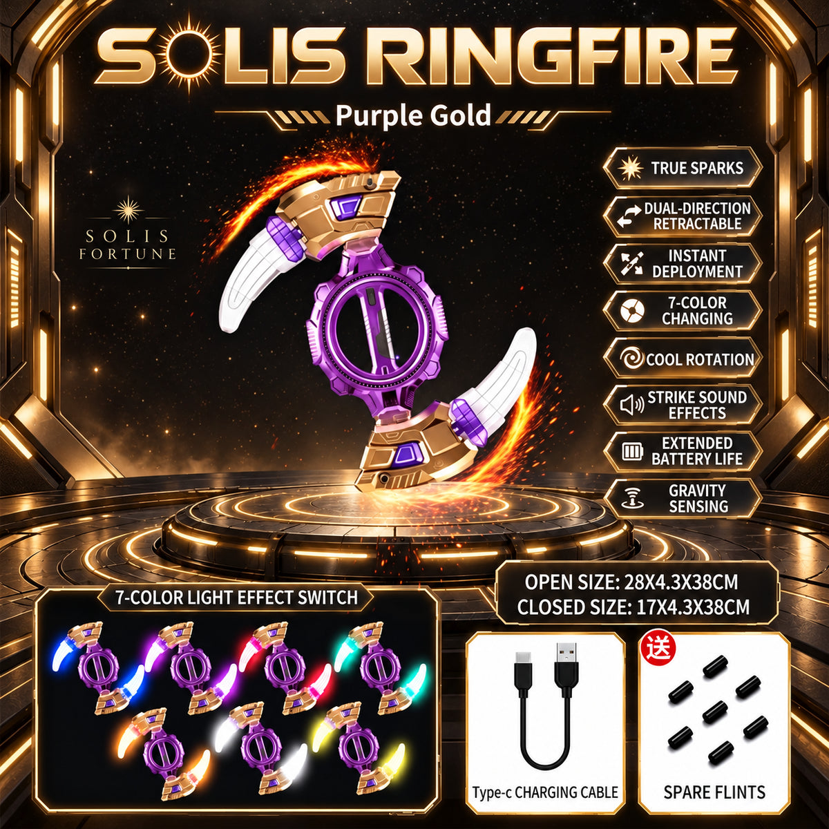 Solis Ringfire — Gold and Purple: ring blade with sparks, cable and spare flints