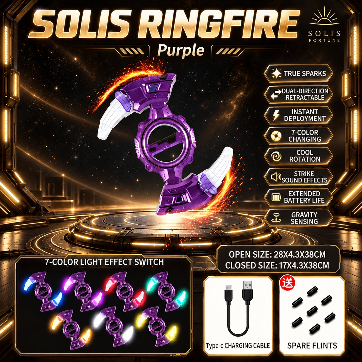 Solis Ringfire — Purple: ring blade with sparks, cable and spare flints