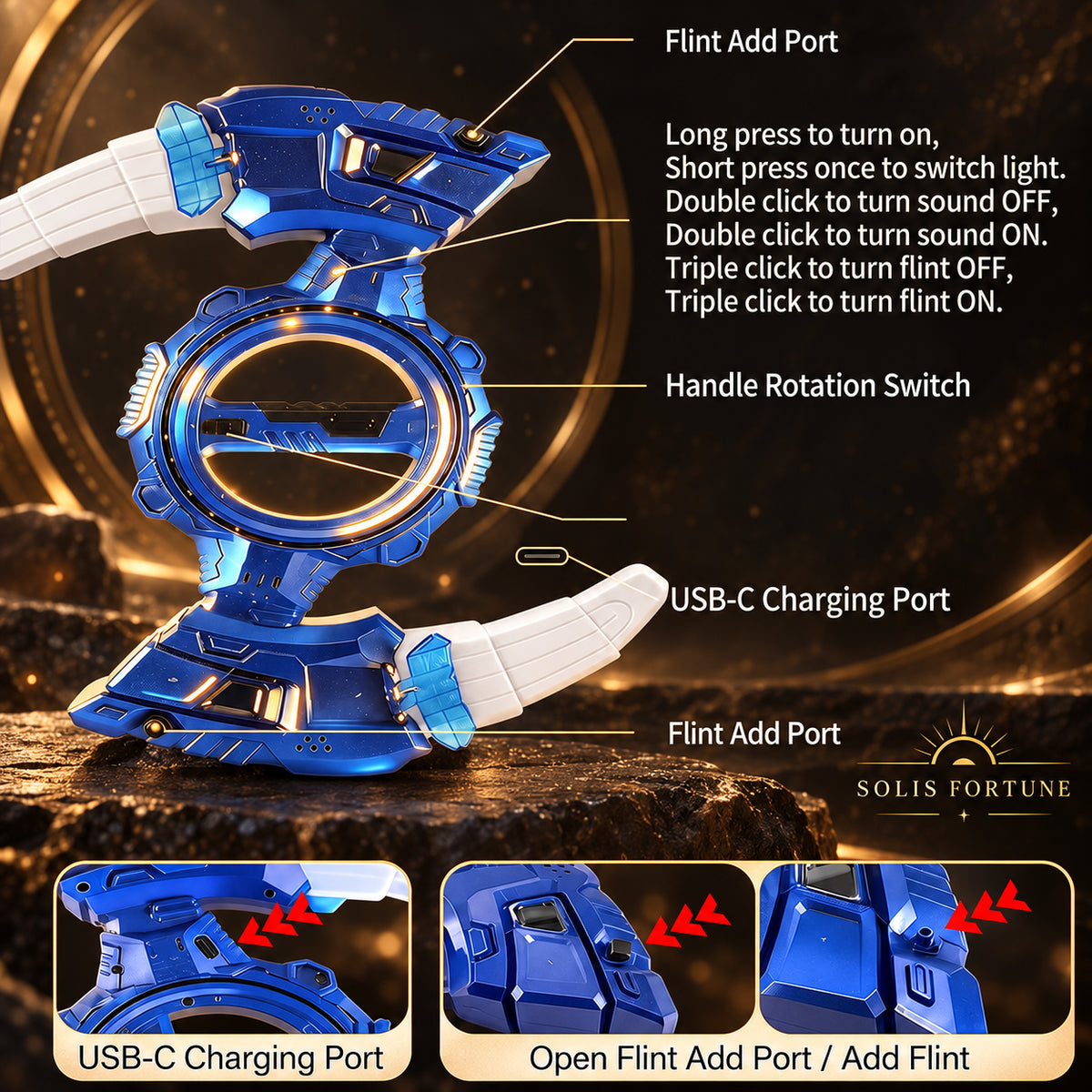 Solis Ringfire — controls: flint add port, handle rotation switch, USB-C charging port