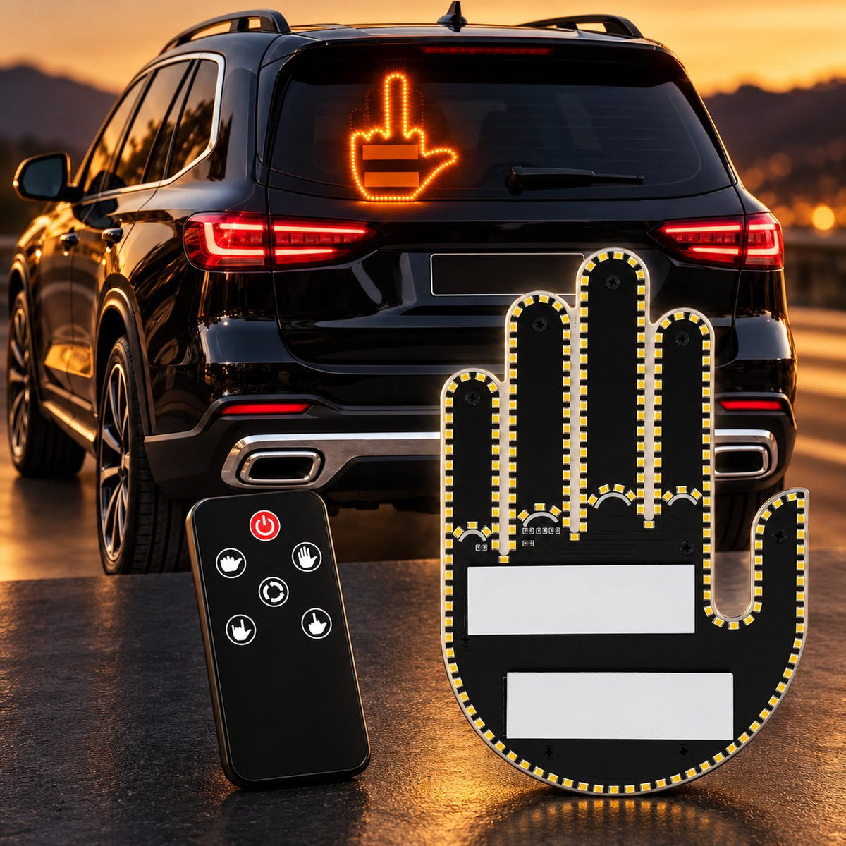Solis Road Wave — middle finger car light in an SUV rear window with its remote