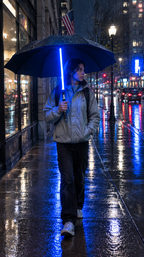 Lightsaber umbrella by Solis Saber, man walking down a rainy street with the glowing blue shaft