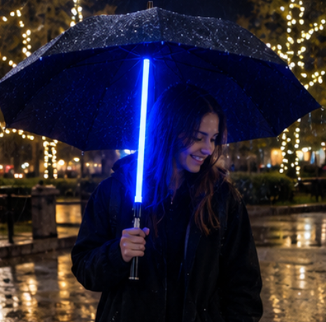 Woman smiling under the blue Star Wars lightsaber umbrella at night, Solis Saber