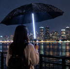 Lightsaber umbrella — Woman holding the glowing light-up umbrella by the river at night, Solis Saber