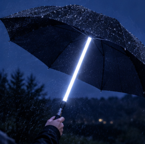 Lightsaber umbrella shaft glowing white-blue in the rain, Solis Saber