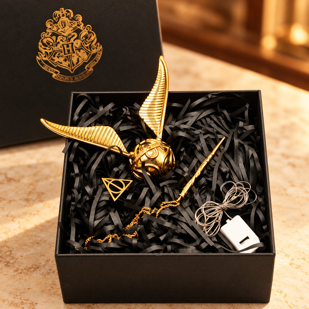 Solis Seeker — Golden Snitch ring box with detachable gold wings, wand key, necklace and LED light string in its gift box