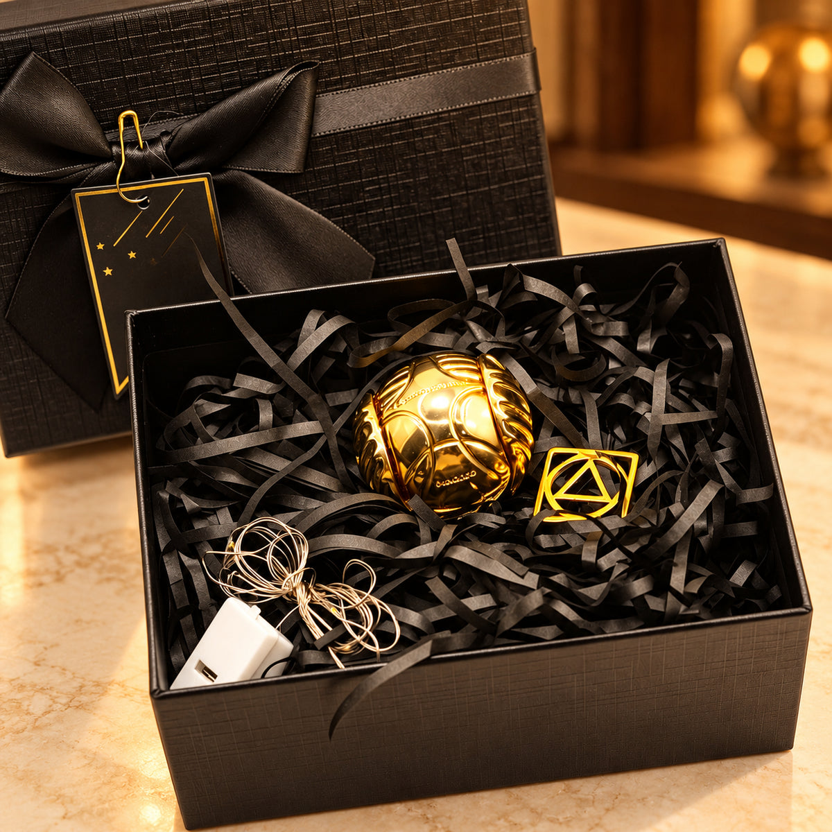 Solis Seeker — wingless Golden Snitch ring box in a black gift box with LED light string