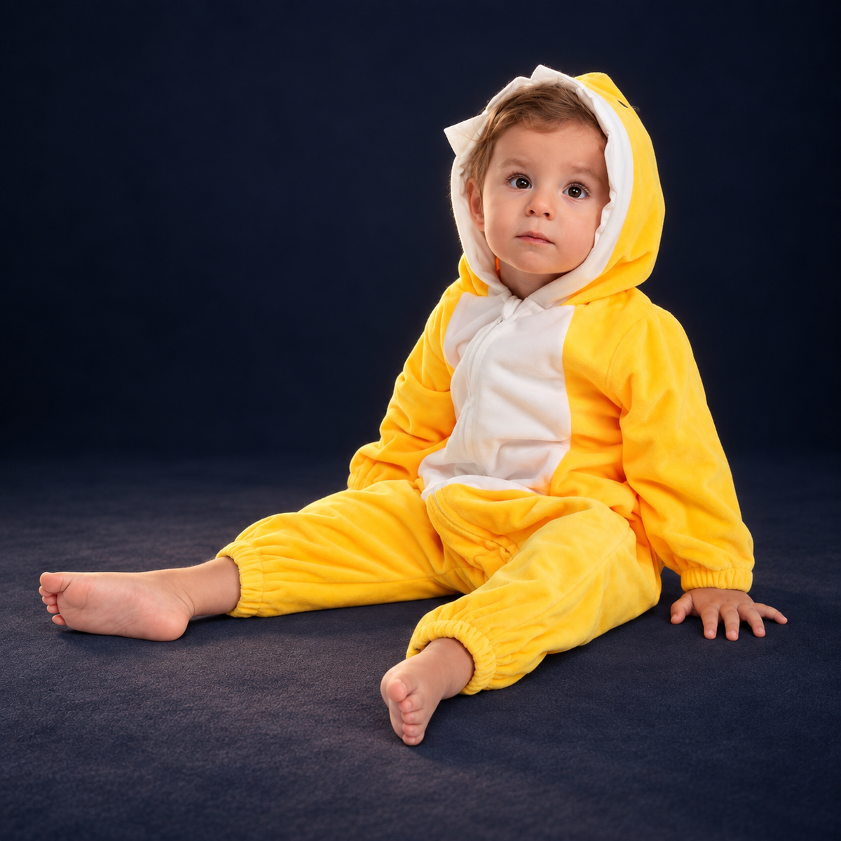 solis shark suit — Yellow worn by a child on a dark navy studio background