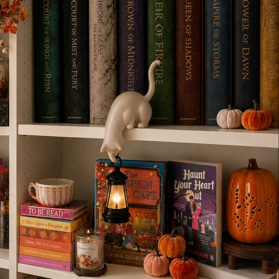 Solis Shelf Cat — white hanging cat shelf lantern on a bookshelf with autumn decor