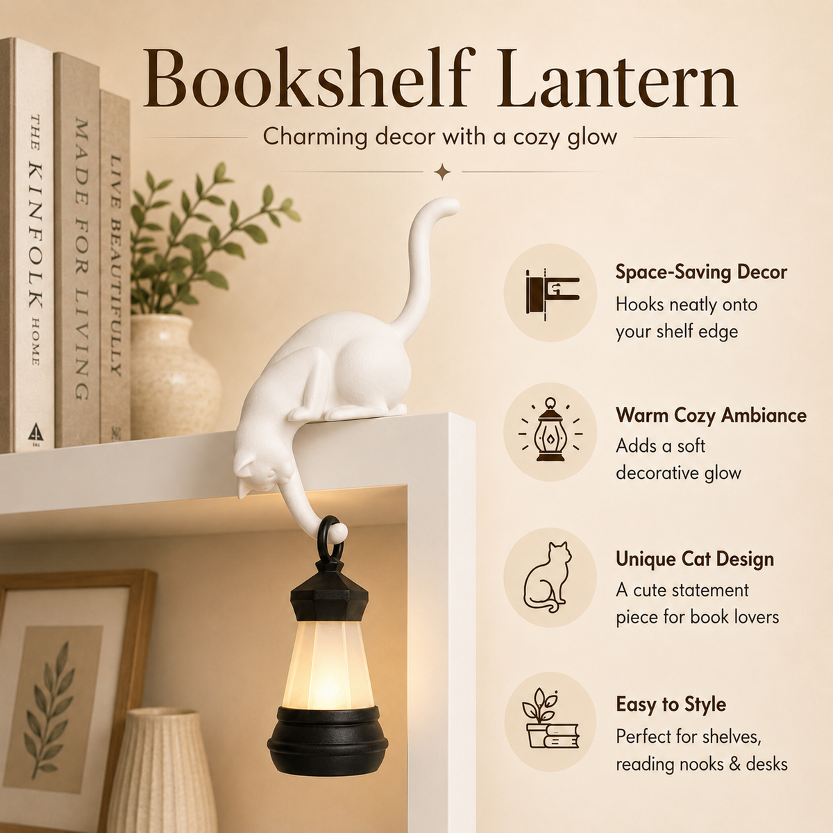 Solis Shelf Cat — bookshelf lantern: space-saving shelf decor with a warm cozy glow