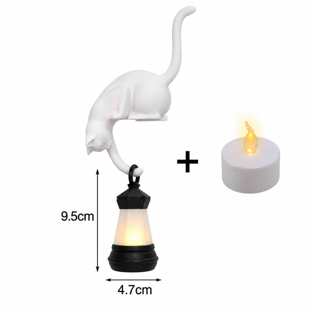 Solis Shelf Cat — White — cat shelf lantern with LED tea light, lantern 9.5 × 4.7 cm