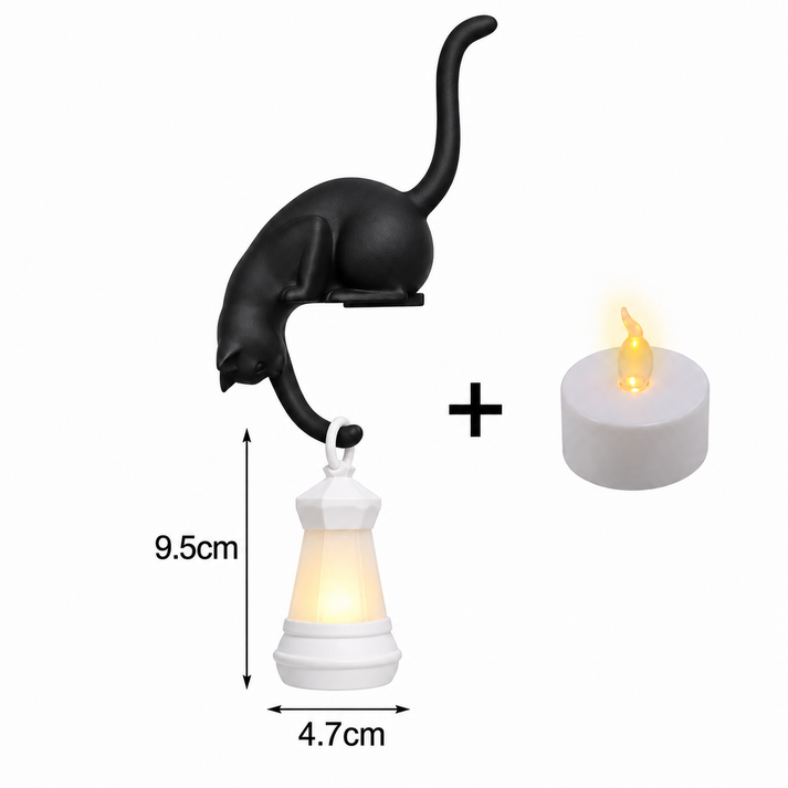 Solis Shelf Cat — Black — cat shelf lantern with LED tea light, lantern 9.5 × 4.7 cm