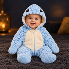 Solis Shell turtle onesie in blue — worn by a baby, front view