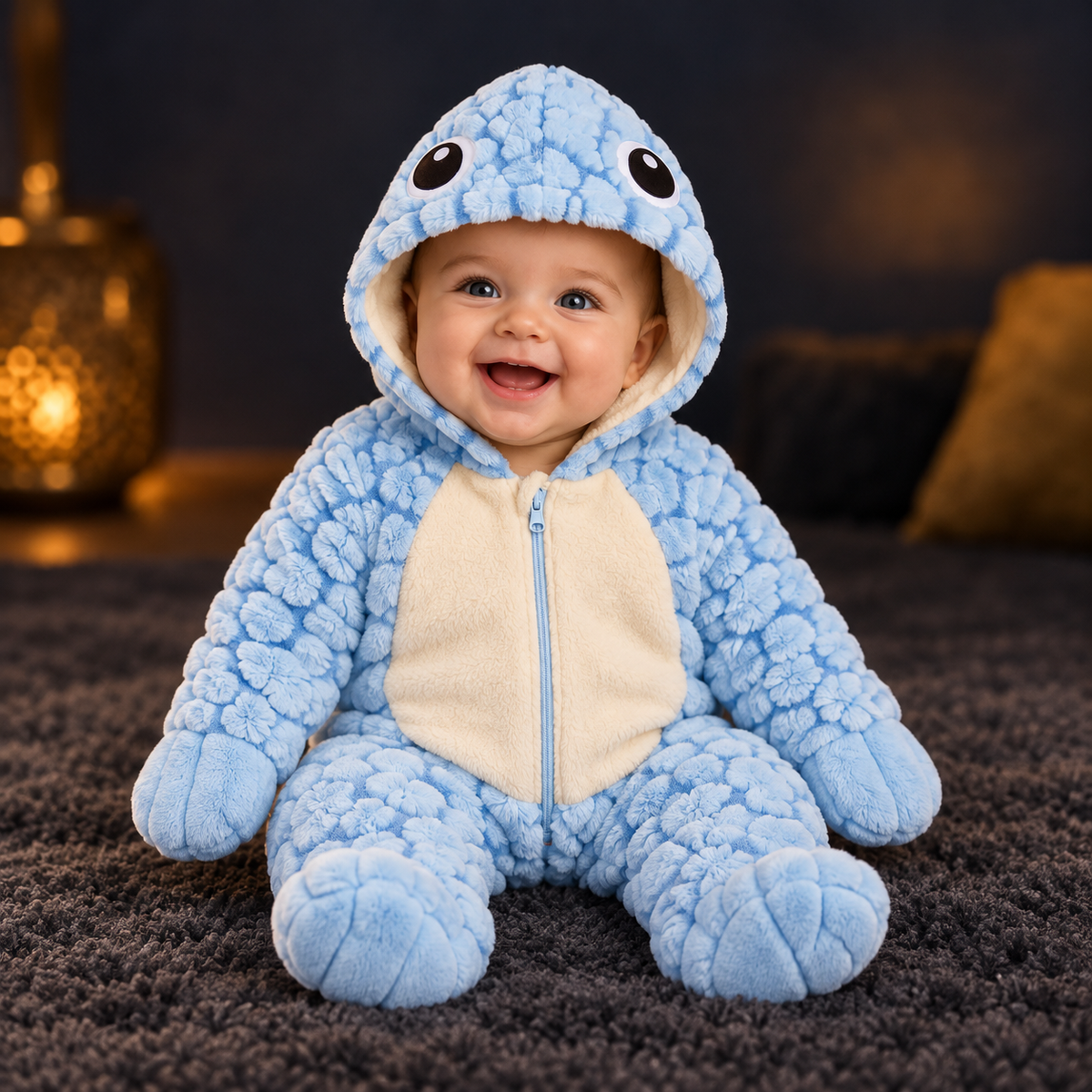 Solis Shell turtle onesie in blue — worn by a baby, front view