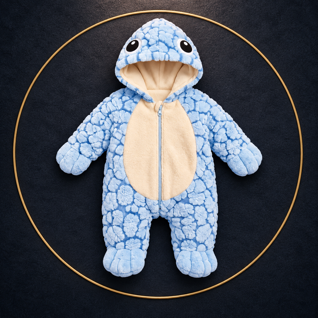 Solis Shell turtle onesie in blue — product front view on dark textile