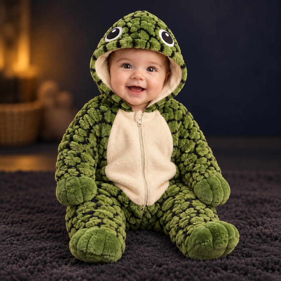 Solis Shell turtle onesie in green — worn by a baby, front view
