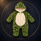 Solis Shell turtle onesie in green — product front view on dark textile