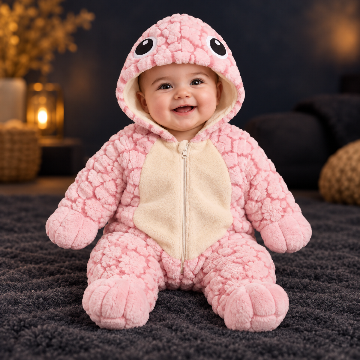 Solis Shell turtle onesie in pink — worn by a baby, front view