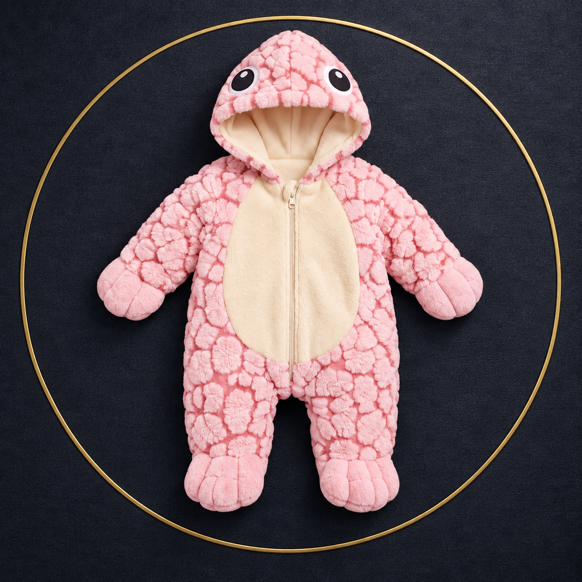 Solis Shell turtle onesie in pink — product front view on dark textile
