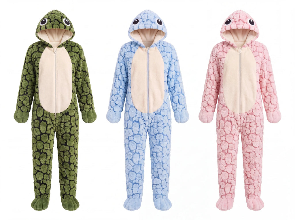 The adult one-size Solis Shell onesie in green, blue and pink