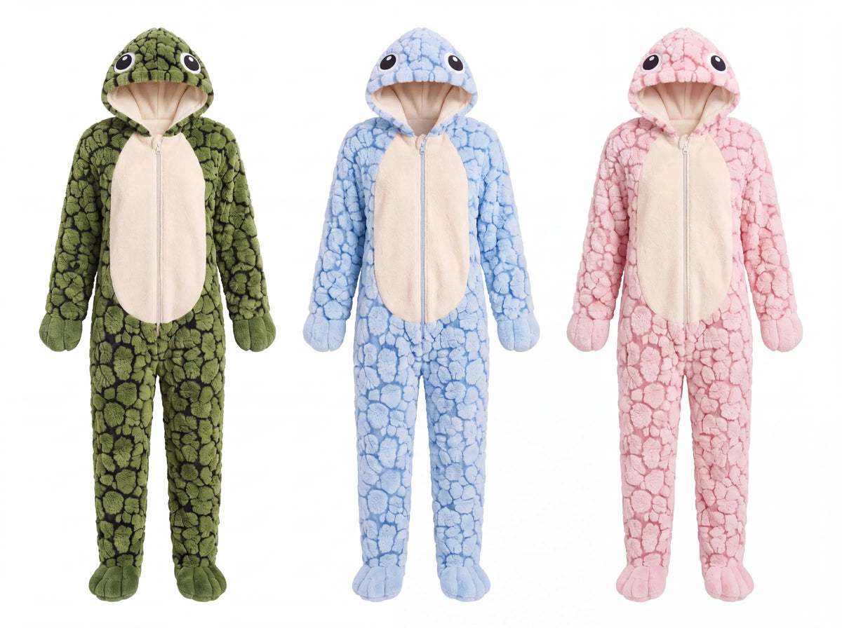 The adult one-size Solis Shell onesie in green, blue and pink