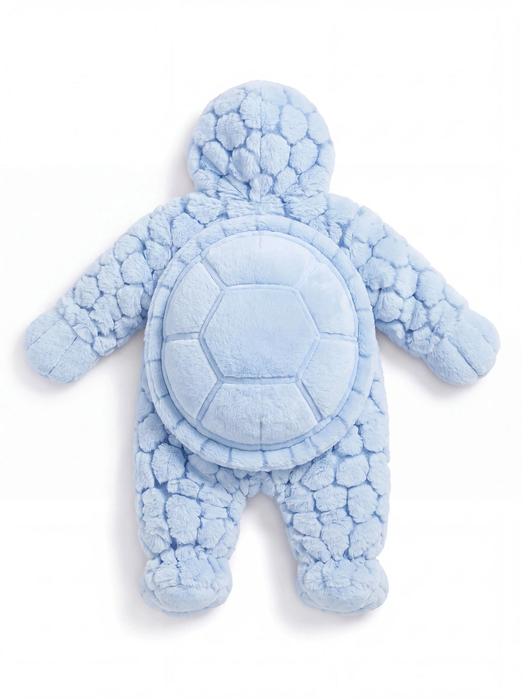 Solis Shell turtle onesie in baby blue, back view with the padded shell