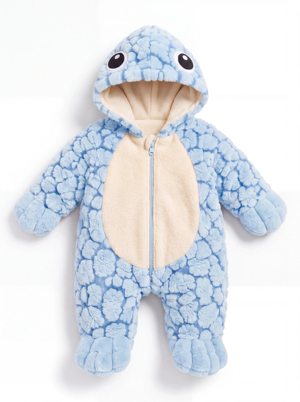 Solis Shell turtle onesie in baby blue, front view