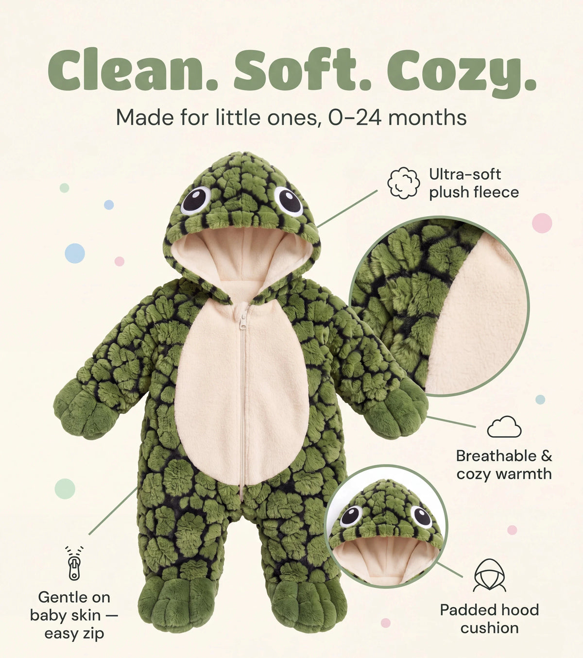 Close-ups of the Solis Shell onesie: plush outer, cream fleece lining, padded hood and front zip