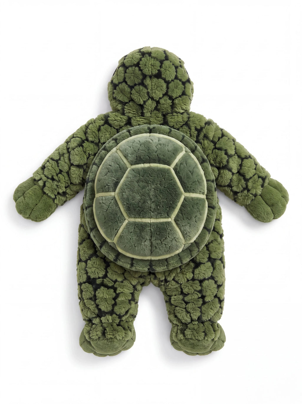 Back of the green Solis Shell onesie showing the padded 3D turtle shell