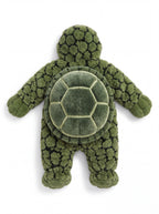 Back of the green Solis Shell onesie showing the padded 3D turtle shell
