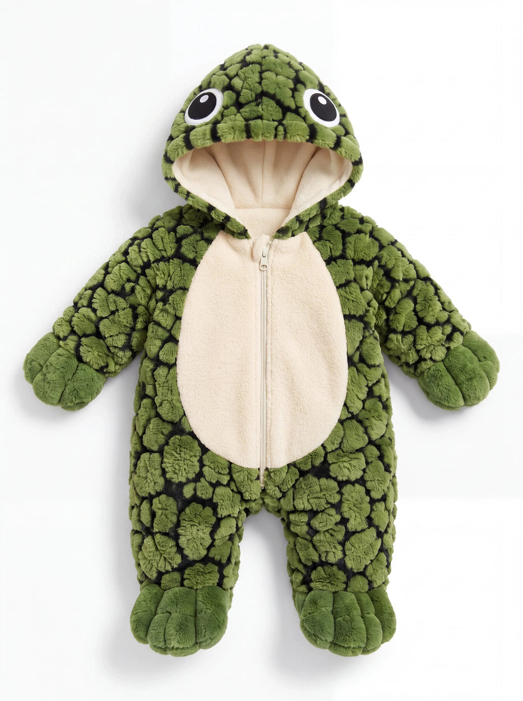 Solis Shell turtle onesie in green, front view: plush shell-pattern body, cream front panel, hood with turtle eyes