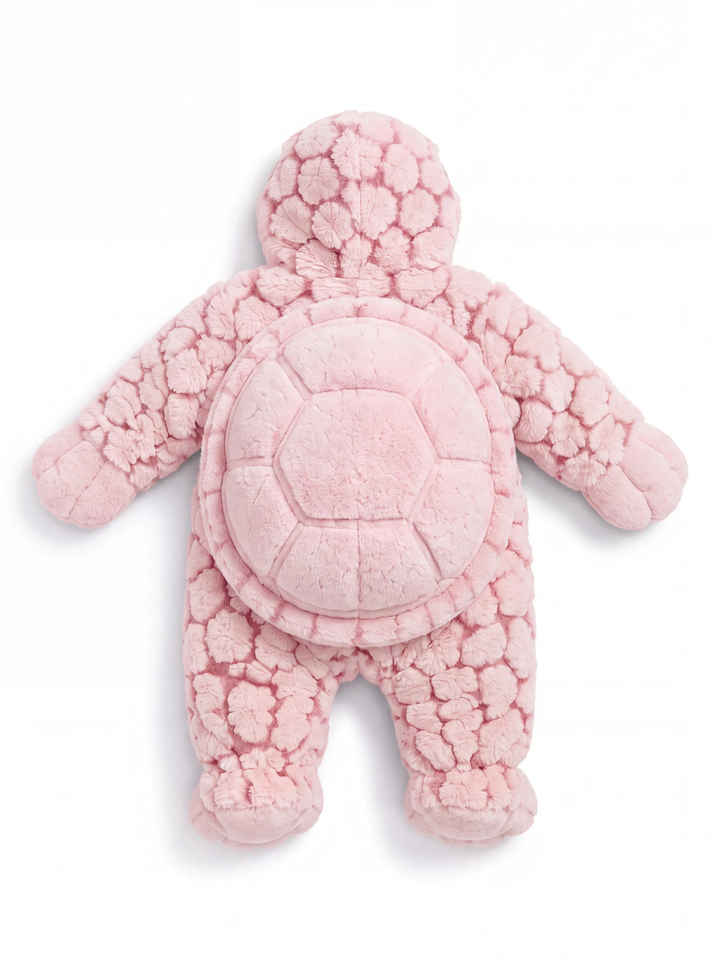 Solis Shell turtle onesie in baby pink, back view with the padded shell