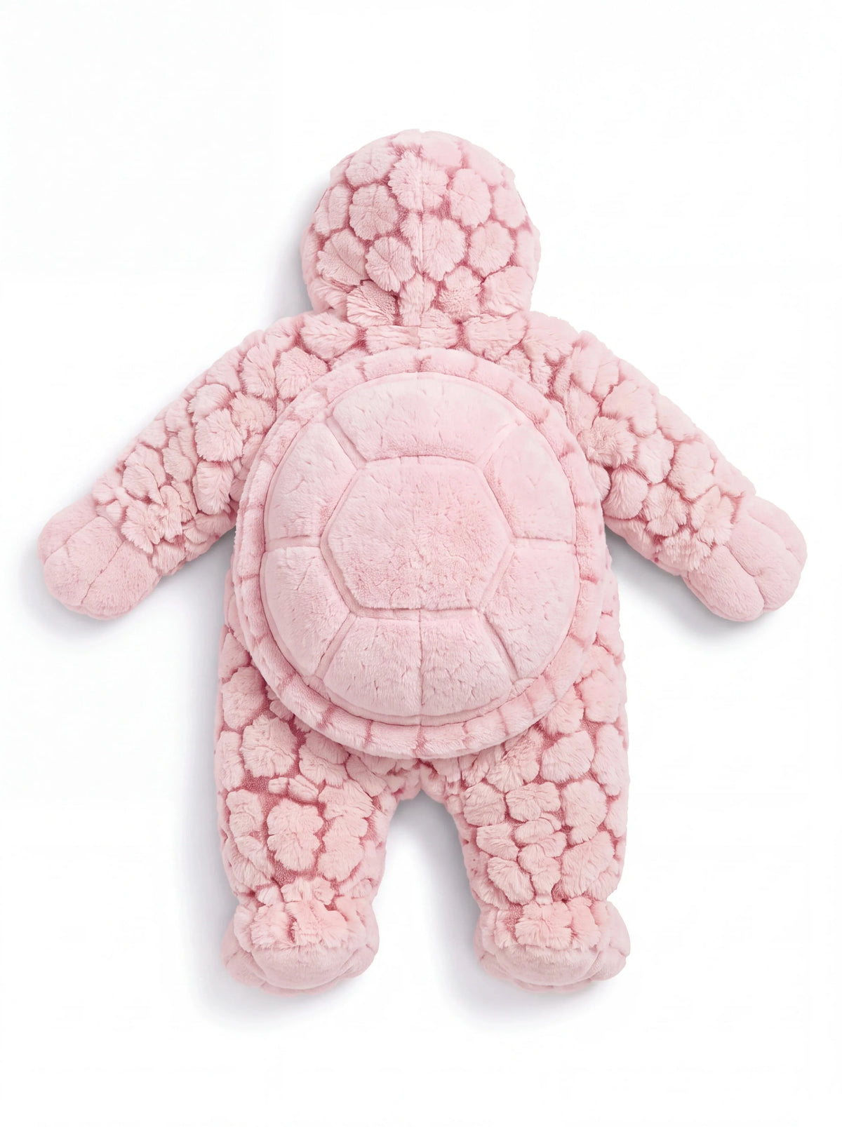 Solis Shell turtle onesie in baby pink, back view with the padded shell