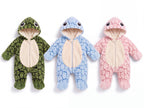 The Solis Shell turtle onesie in all three colours side by side: green, baby blue and baby pink