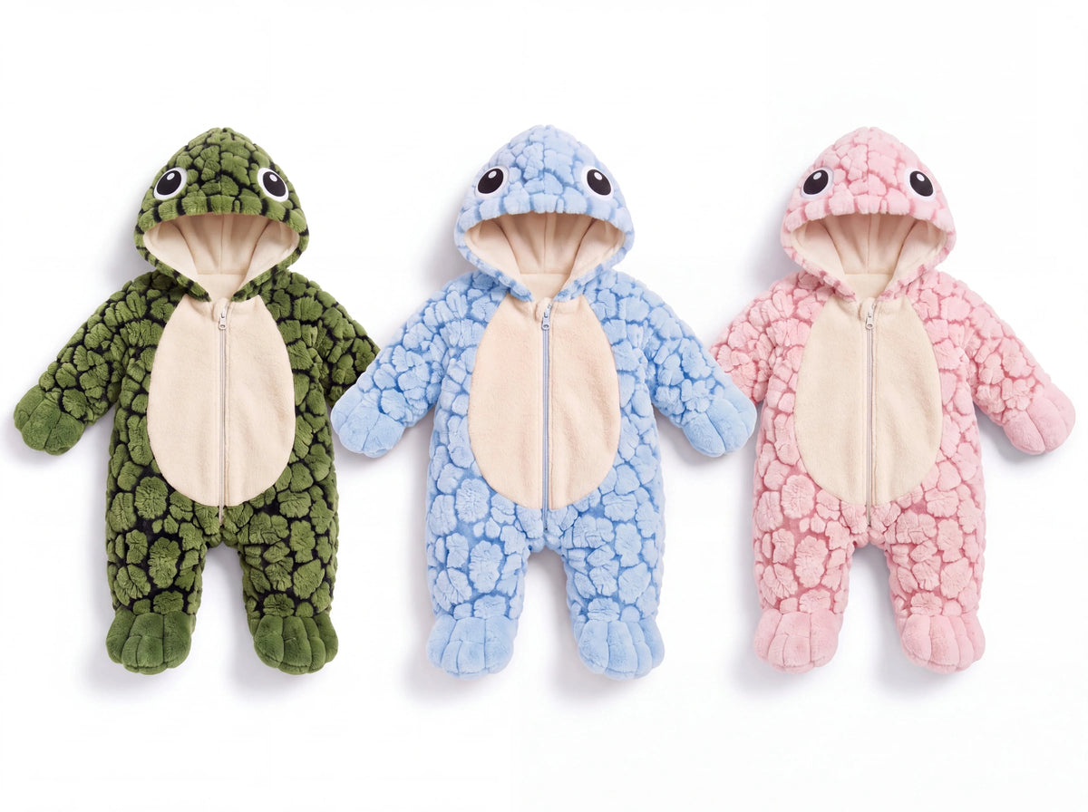 The Solis Shell turtle onesie in all three colours side by side: green, baby blue and baby pink
