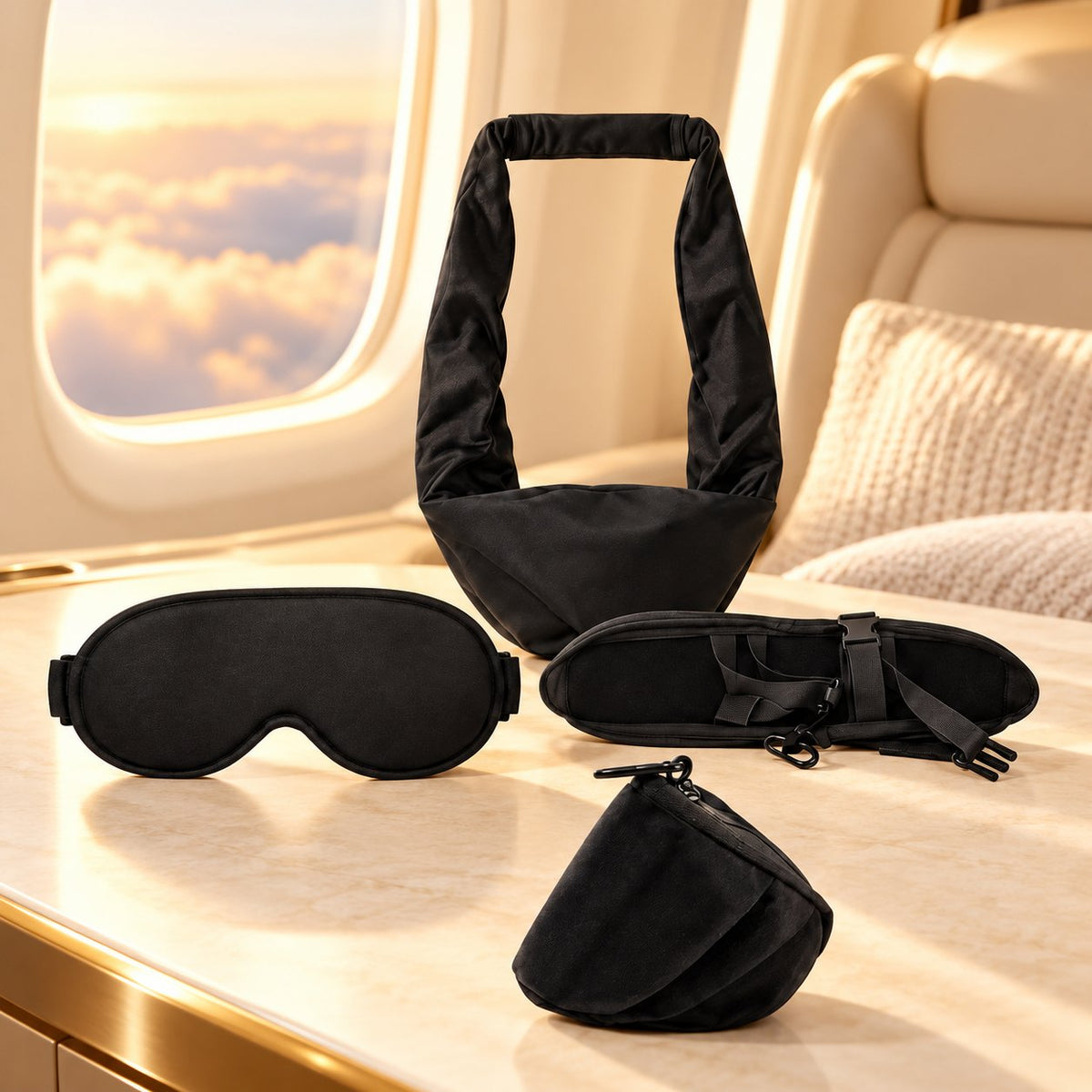 Solis SkyNest black travel sleep kit with sleep mask, headrest support, arm wrap and pouch in a warm neutral travel setting