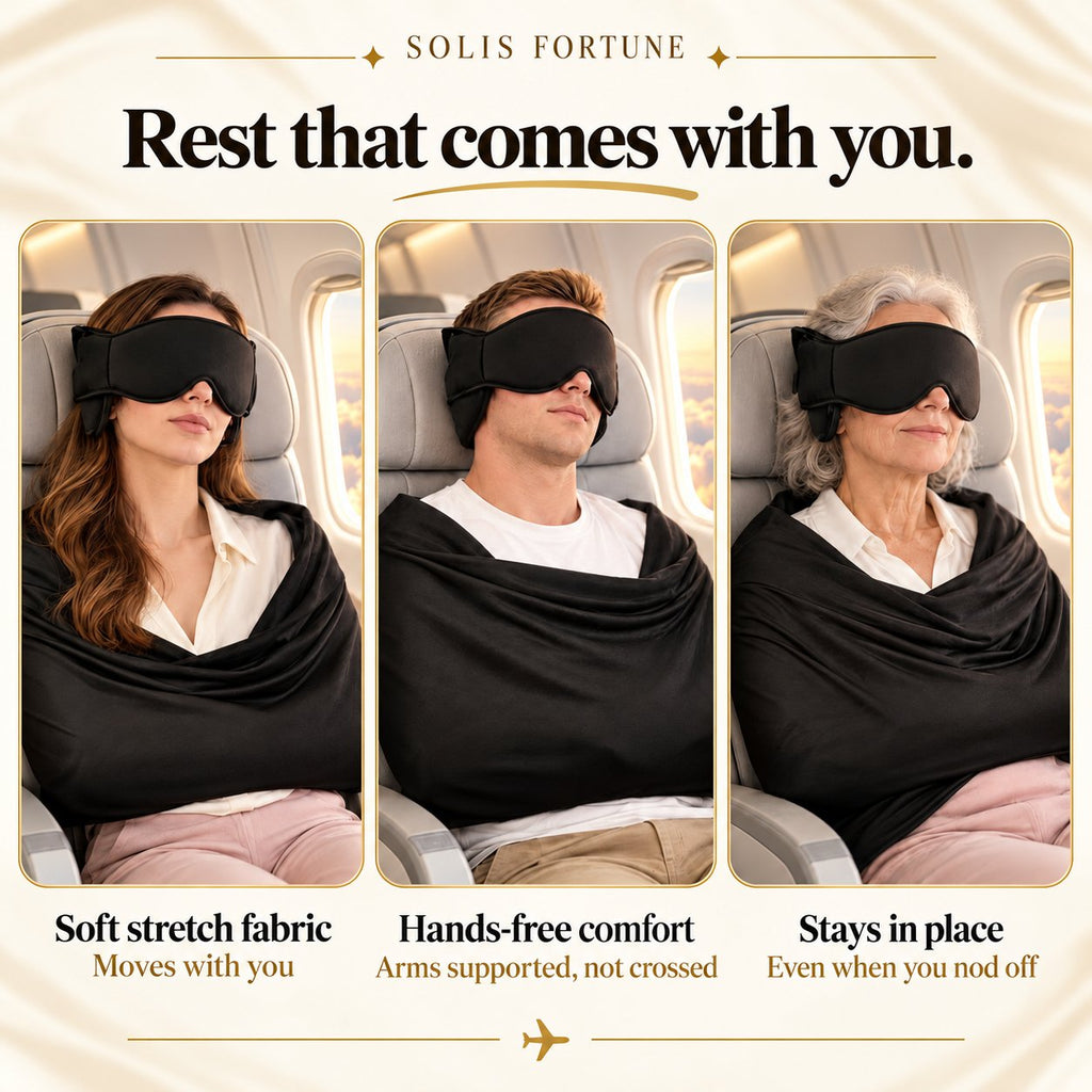 Solis SkyNest — travellers asleep upright with the head support strap, sleep mask and arm wrap