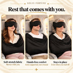 Solis SkyNest — travellers asleep upright with the head support strap, sleep mask and arm wrap